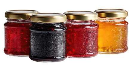 Four small glass jars of preserves.  Each jar is filled with a different color preserve red, dark purple/blue, red, and orange/yellow. 