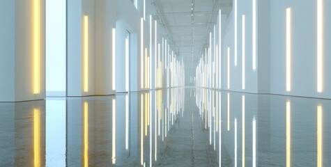A minimalist, modern hallway bathed in warm and cool light, creating a serene and futuristic ambiance.  The reflective floor amplifies the luminescent light displays.
