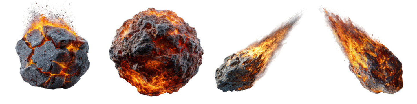 fiery volcanic rocks meteor shower explosion elements on transparent background