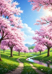 Obraz premium A picturesque springtime landscape showcases a winding path through a meadow filled with blossoming cherry trees, a clear stream, and a vibrant array of wildflowers under a bright, sunny sky.
