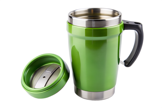 Green stainless steel travel mug with handle and lid isolated on transparent background, perfect for enjoying your favorite beverage on the go