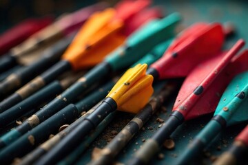 Close-up view of assorted used arrows, some broken, being prepared for recycling; the process emphasizes sustainability and responsible waste management within archery , reuse, waste management