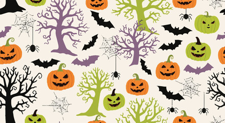 Spooky Halloween seamless pattern with jack-o'-lanterns, flying bats, bare trees, spiders, and webs. Festive holiday background.