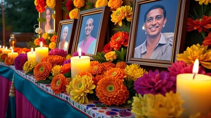 A vibrant close-up of a traditional Mexican altar decorated with marigold flowers, candles, and photos of loved ones. Cinco de Mayo. Independence Day, The Day of the Dead. Fiesta and festival. - Powered by Adobe