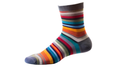A colorful striped sock isolated on transparent background, perfect for adding a touch of fun and warmth to any outfit during the colder months
