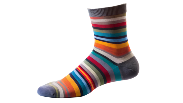 A colorful striped sock isolated on transparent background, perfect for adding a touch of fun and warmth to any outfit during the colder months