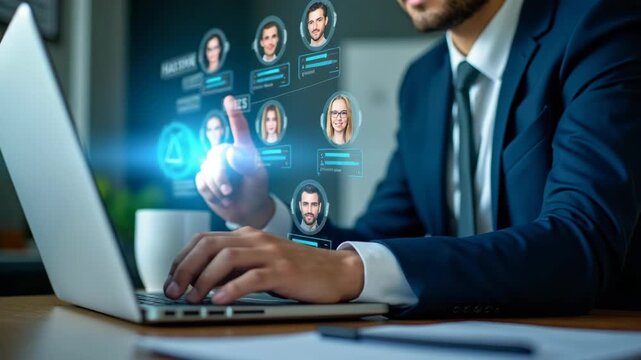Recruitment and candidate selection concept. Businessman interacts with digital interface with multiple candidate profiles on laptop. Represents online recruitment, HR technology. - Powered by Adobe