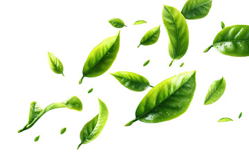 Fresh tea leaves, vibrant green,  fluttering in air