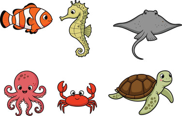 Cartoon sea animals vector set with clownfish, seahorse, stingray, crab, octopus, turtle in cute colorful style for children content