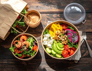 Healthy takeaway bowls on rustic wood table with avocado, tomato, bell pepper, walnuts, feta, dragon fruit, shrimp, salad, dressing, fork, and napkin.