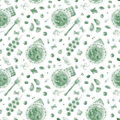 Monochrome watercolor seamless Italian cuisine pattern with pasta, tomatoes and olives