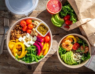 Healthy takeaway bowls on rustic wood table with avocado, tomato, bell pepper, walnuts, feta, dragon fruit, shrimp, salad, dressing, fork, and napkin.