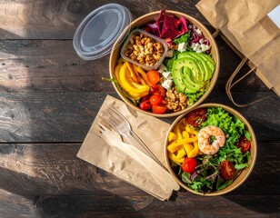 Healthy takeaway bowls on rustic wood table with avocado, tomato, bell pepper, walnuts, feta, dragon fruit, shrimp, salad, dressing, fork, and napkin.