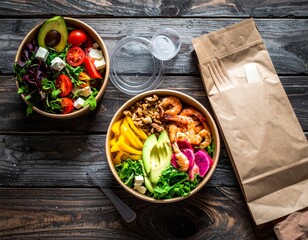 Healthy takeaway bowls on rustic wood table with avocado, tomato, bell pepper, walnuts, feta, dragon fruit, shrimp, salad, dressing, fork, and napkin.