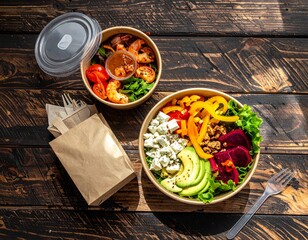 Healthy takeaway bowls on rustic wood table with avocado, tomato, bell pepper, walnuts, feta, dragon fruit, shrimp, salad, dressing, fork, and napkin.