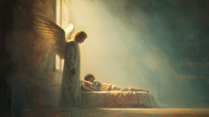 Guardian angel standing by window watching over sleeping child in soft light