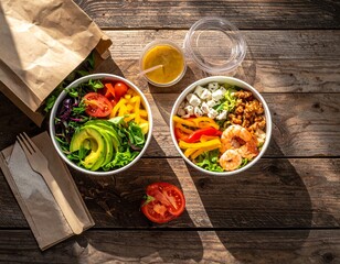 Healthy takeaway bowls on rustic wood table with avocado, tomato, bell pepper, walnuts, feta, dragon fruit, shrimp, salad, dressing, fork, and napkin.