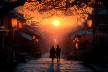 Fototapeta premium Person walking down street at sunset.