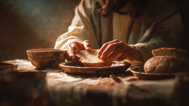 Jesus breaking bread at the table in warm and intimate lighting