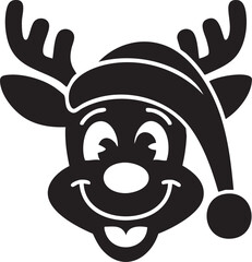 Cartoon Reindeer Face with Santa Hat Black and White Vector Illustration