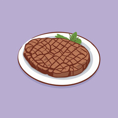 Grilled steak on plate with greens on purple.