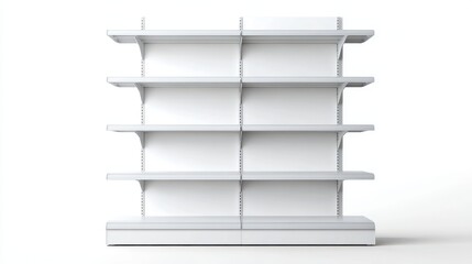 Ultra quality image of empty retail display shelving unit with five adjustable white shelves on white background.