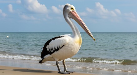 Pelican standing on a sandy beach by the ocean under a blue sky.