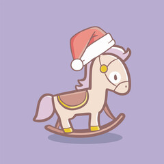  Santa hat - wearing rocking horse on purple background.