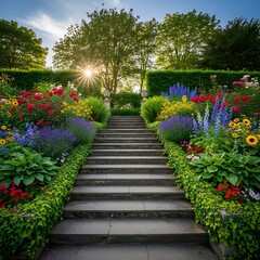 Obraz premium A sun-drenched garden pathway ascends with vibrant flowerbeds overflowing with colorful blooms and lush greenery, creating a serene and beautiful scene.