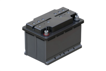 Dark gray car battery with red and silver terminals isolated on a transparent background