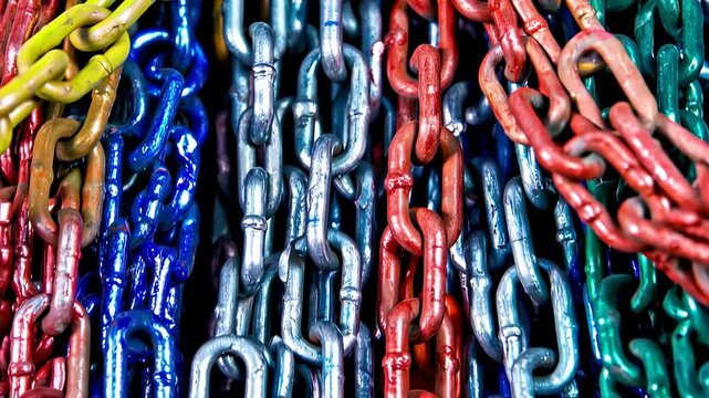Colorful painted metal chains hanging in rows close up
