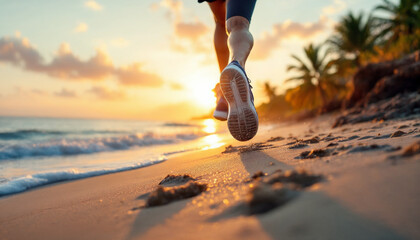 Runner on beach at sunset, footprints in sand, warm tropical glow