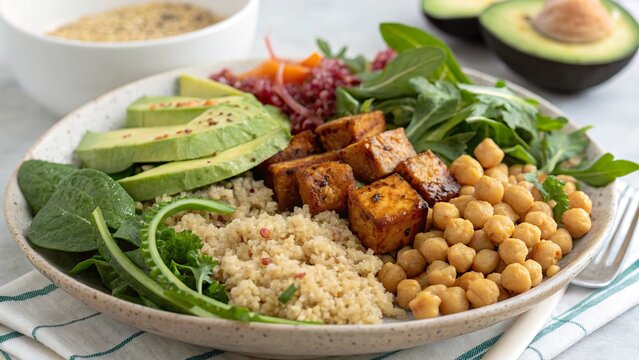 Plant based protein plate featuring a combination of nutritious ingredients suitable for healthy eating