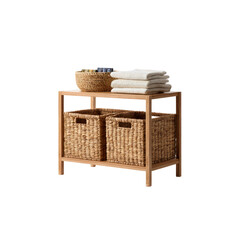 Modern Wooden Bathroom Storage Unit with Wicker Baskets and Towels