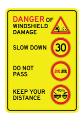 Road Surface Treatment Works Warning Sign &ndash; Windshield Damage Risk, Speed Limit, No Passing, Safe Distance  Yellow Background Safety Panel