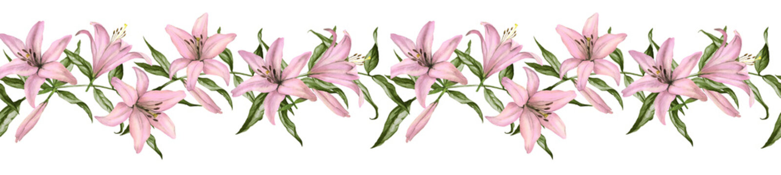 A seamless  border of pink lilies with green leaves, showcasing delicate textures and organic forms. Watercolor frame Ideal for  wedding invitations, stationery, romantic designs.