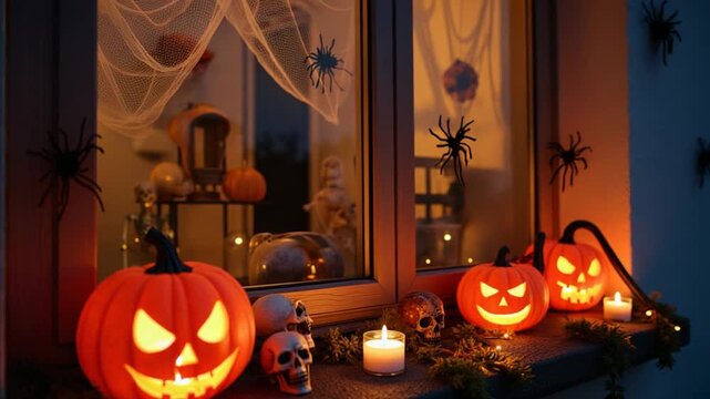 Festive decor of the house on the windowsill for Halloween - pumpkins, Jack o lanterns, skulls, cobwebs, spiders, skeletons, candles and a garland - a cozy and terrible mood