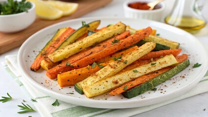 Colorful veggie fries made from sweet potatoes, carrots, and zucchini on a white plate with spices and herbs