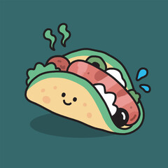 Taco with sausage and smiling face looking yummy.