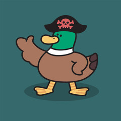 Duck with pirate hat and skull emblem standing.
