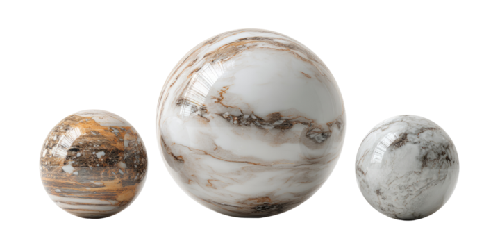 Three decorative marble spheres in varying sizes