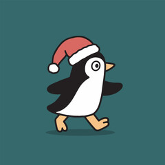 Penguin with Santa hat walking forward.