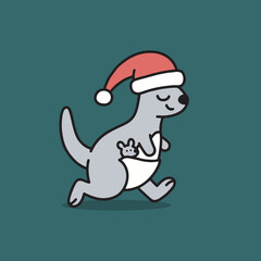Kangaroo with Santa hat running happily.