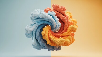 A symmetrical, abstract spiral shape composed of swirling textures in contrasting colors of blue, orange, and yellow, set against a split background