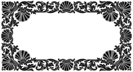 Ornate black and white frame with decorative shells and foliage elements in a symmetrical design