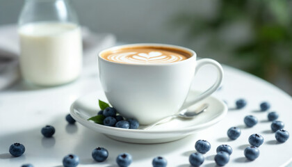 Close-up of a latte in a white cup with latte art, accompanied by blueberries