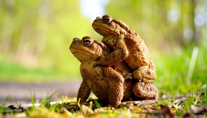 Obraz premium Two toads mating in a spring forest