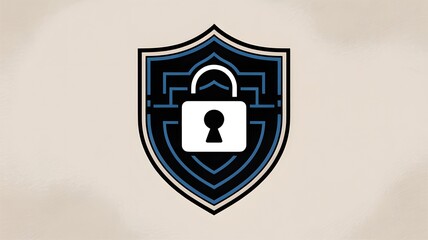 Beige backdrop features shield with black lines and blue accents, padlock icon, providing security branding for websites.