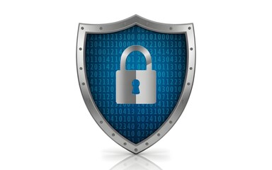 Metal shield protects blue binary data. Cybersecurity concept for video intro, UI/UX design.