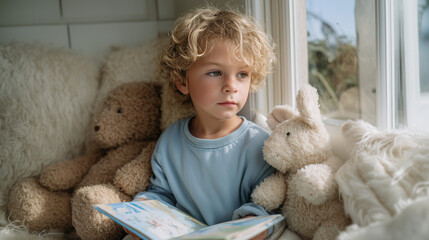 Thoughtful young boy with curly blonde hair sitting by a window, holding a picture book, surrounded by soft plush toys in a cozy reading nook with natural daylight